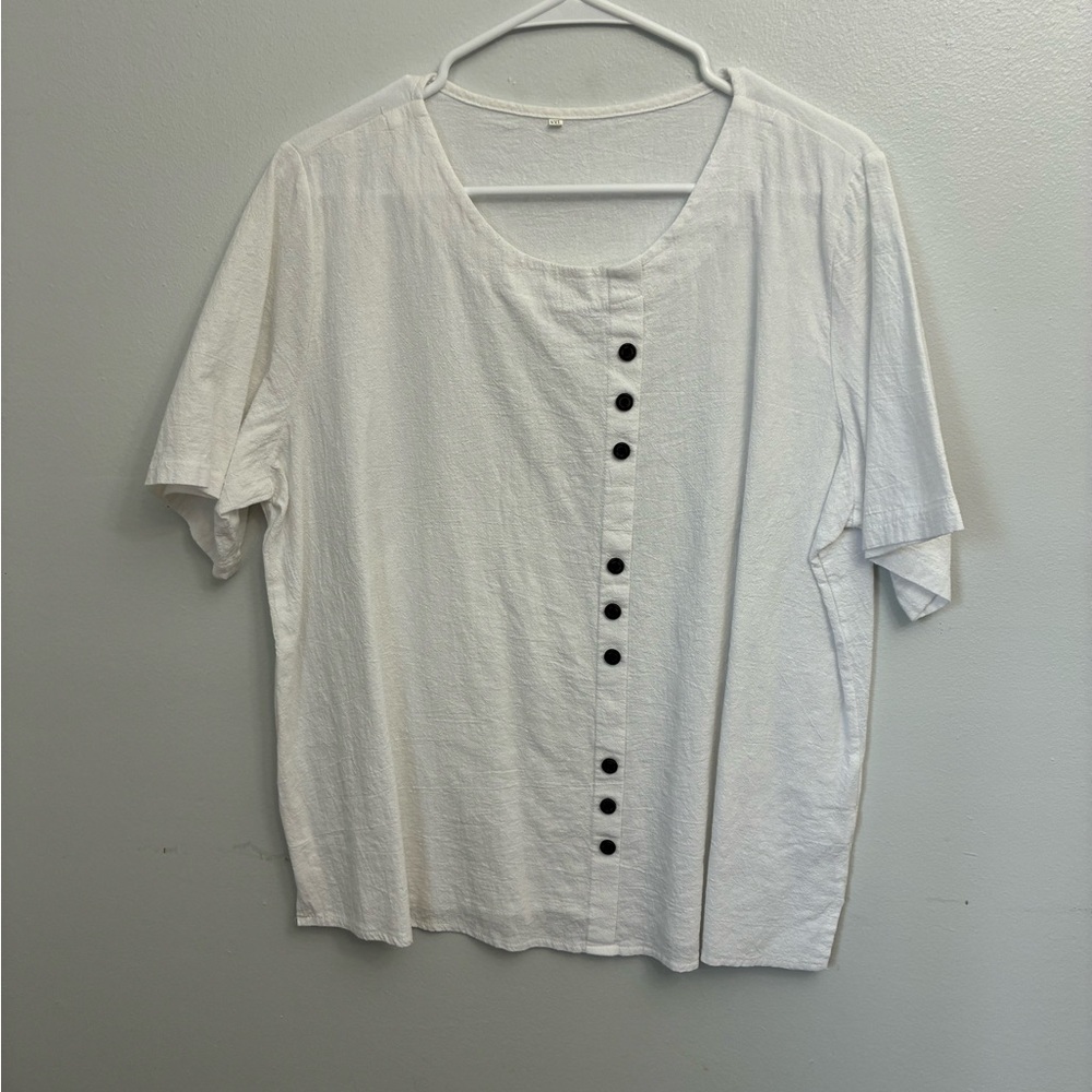 White Short Sleeve Button-Accent Top